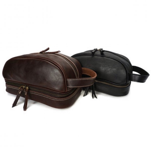 Men Genuine Leather Vintage Cosmetic Bag Solid Large Capacity Travel Pouch Wash Bag