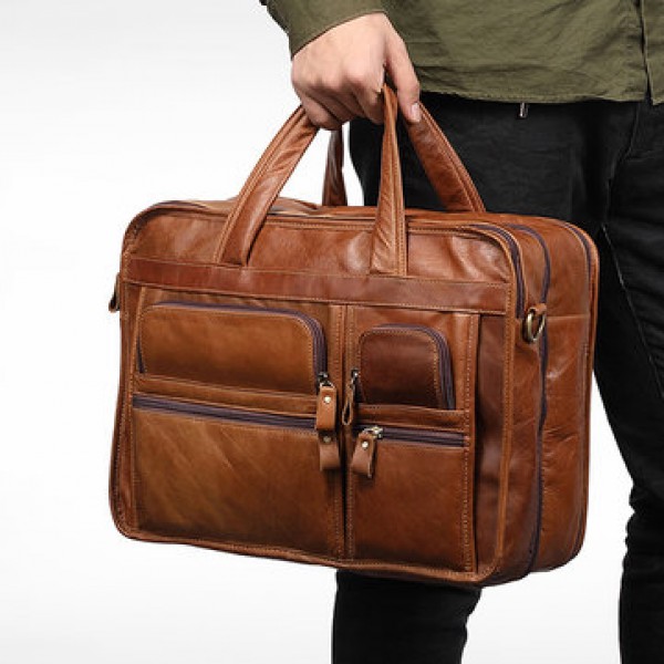 Men Genuine Leather Business Large Capacity Handbag Briefcase