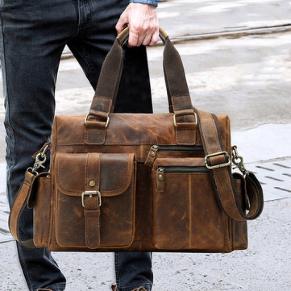 Men Genuine Leather Vintage Travel Business Handbag Crossbody Bag