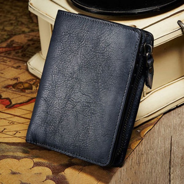 Vintage Genuine Leather Large Capacity Multi-slot Zipper Pocket Wallet For Men