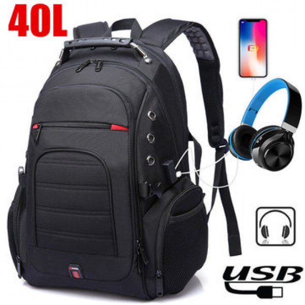 40L Men USB Port Backpack Waterproof Shoulder School Bag Laptop Travel Rucksack