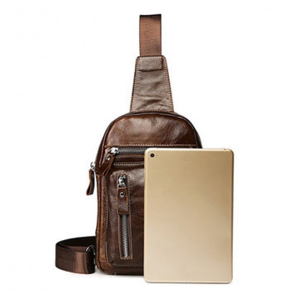 Men Genuine Leather Chest Bag Retro Zipper Pockets Shoulder Crossbody Bag