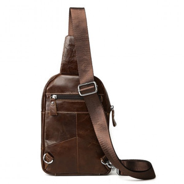Men Genuine Leather Chest Bag Retro Zipper Pockets Shoulder Crossbody Bag