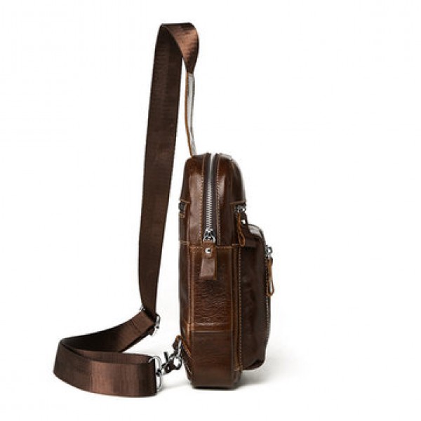 Men Genuine Leather Chest Bag Retro Zipper Pockets Shoulder Crossbody Bag