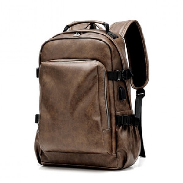 Men Business PU Leather Solid Backpack Casual Computer Bag