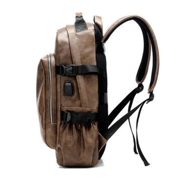 Men Business PU Leather Solid Backpack Casual Computer Bag