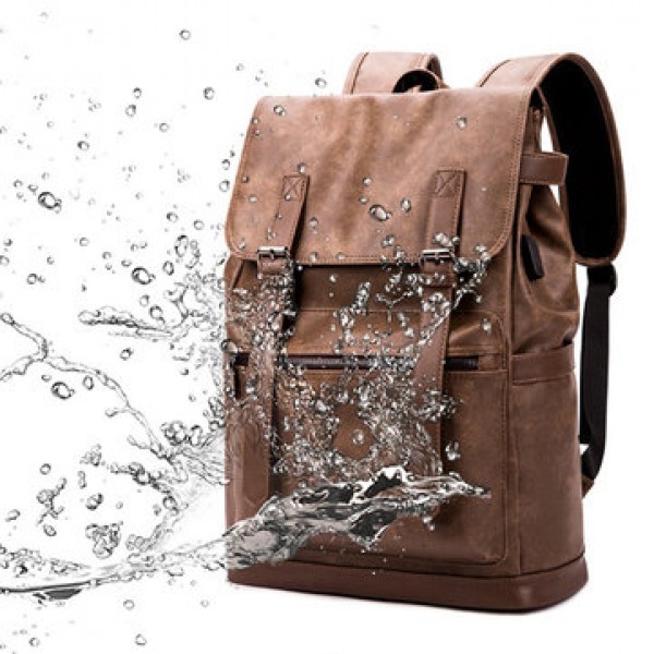 Men USB Charging Travel Backpack Business Solid PU Leather Computer Bag