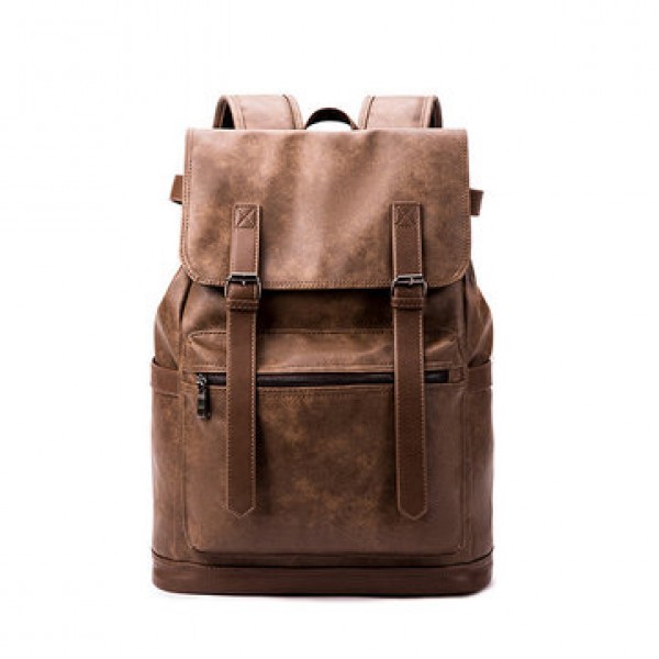 Men USB Charging Travel Backpack Business Solid PU Leather Computer Bag