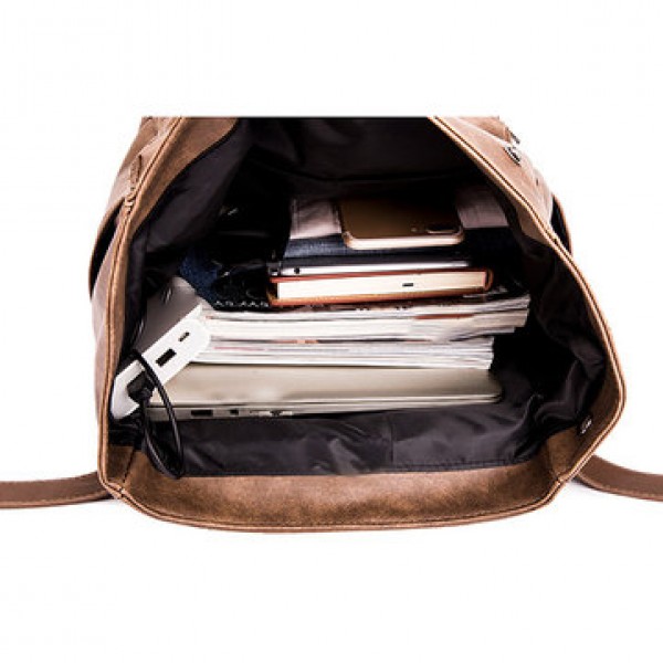 Men USB Charging Travel Backpack Business Solid PU Leather Computer Bag