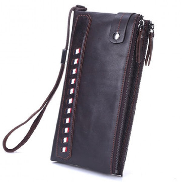 Genuine Leather Double Zippers Wallet 8 Card Slots Business Card Holder Phone Bag