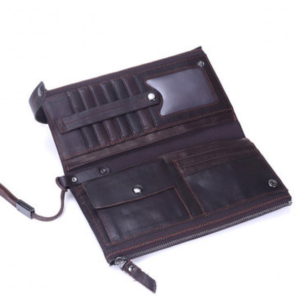 Genuine Leather Double Zippers Wallet 8 Card Slots Business Card Holder Phone Bag