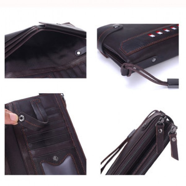 Genuine Leather Double Zippers Wallet 8 Card Slots Business Card Holder Phone Bag