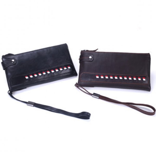 Genuine Leather Double Zippers Wallet 8 Card Slots Business Card Holder Phone Bag