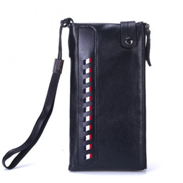 Genuine Leather Double Zippers Wallet 8 Card Slots Business Card Holder Phone Bag