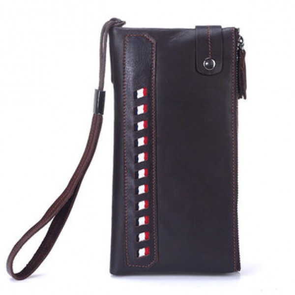 Genuine Leather Double Zippers Wallet 8 Card Slots Business Card Holder Phone Bag