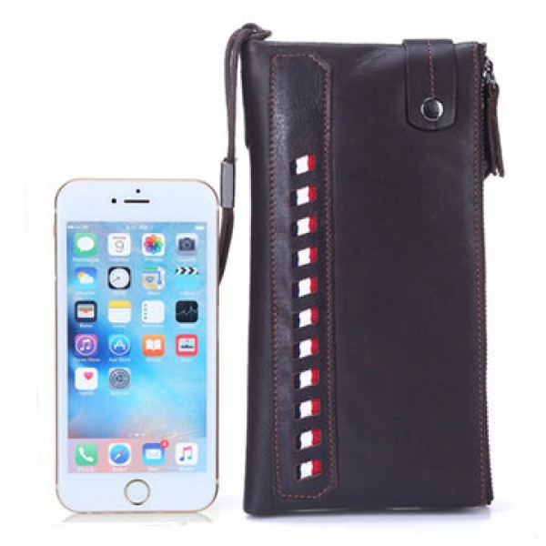 Genuine Leather Double Zippers Wallet 8 Card Slots Business Card Holder Phone Bag