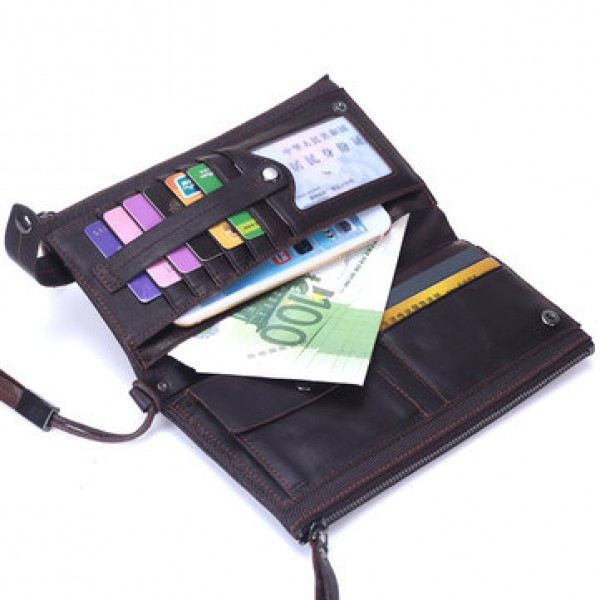 Genuine Leather Double Zippers Wallet 8 Card Slots Business Card Holder Phone Bag