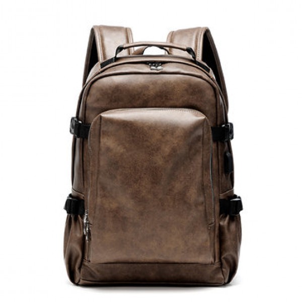 Men Business PU Leather Solid Backpack Casual Comp...