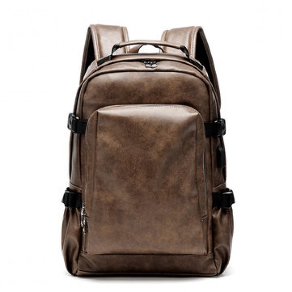 Men Business PU Leather Solid Backpack Casual Computer Bag