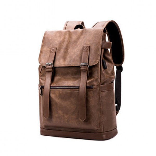 Men USB Charging Travel Backpack Business Solid PU Leather Computer Bag